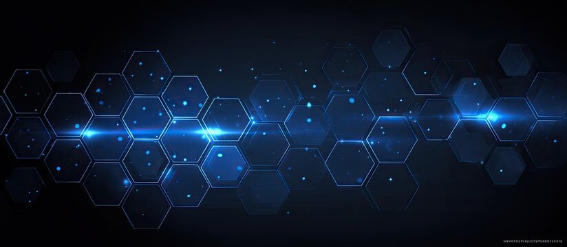 Dark blue abstract image featuring hexagonal shapes, light beams, and small scattered particles