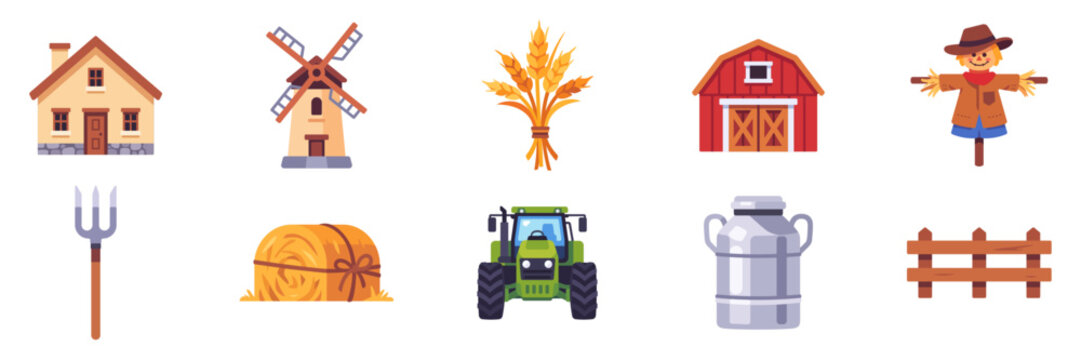 Set of farmer and village icons, barn tractor windmill house scarecrow hay, colorful collection with vector flat illustrations