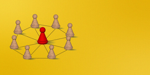 A red figure stands out among connected beige figures on a yellow gradient background illustration © Brishy 
