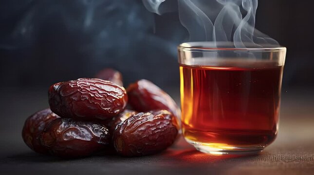A steaming cup of tea beside a pile of dates on a dark surface viewed from the side