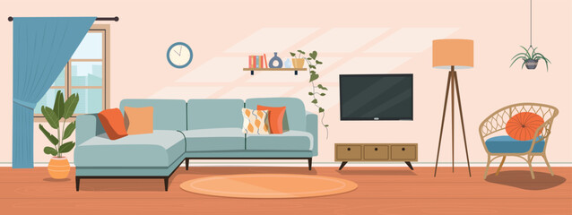 Modern cozy living room interior with sofa and plants. Vector flat illustration © lyudinka