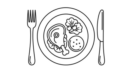 Line art illustration depicting a plate with food a fork and a knife