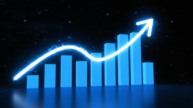 Dynamic 3D bar graph with a bright, energetic blue arrow surging upwards on a dark, cosmic background with scattered light particles.