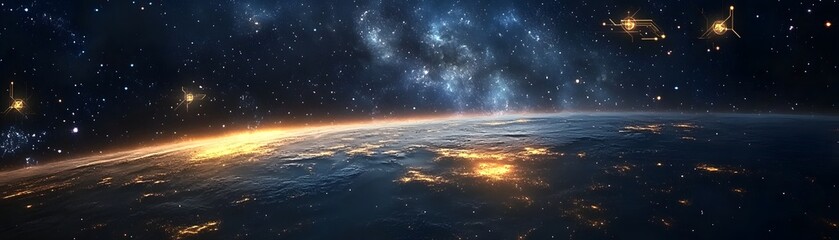 Illuminated planet horizon stretches beneath a dense, star-filled cosmic expanse.