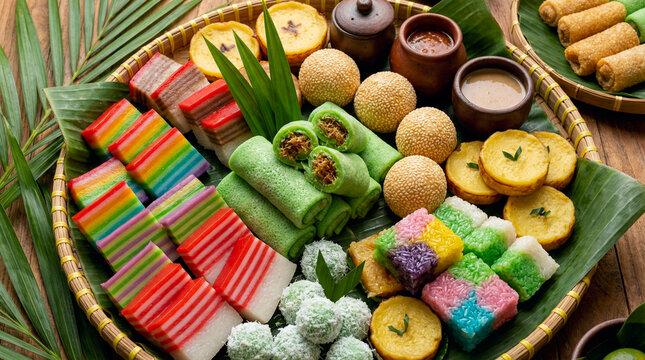 Assortment of colorful traditional Indonesian Kue jajanan pasar cakes on bamboo tray for dessert