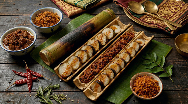 Lemang bamboo rice and Rendang beef floss traditional Indonesian Malay food for Eid celebration