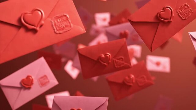 Red envelopes and cards with hearts falling from above onto a reflective surface