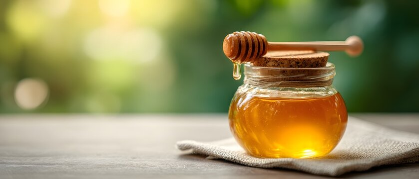A glass jar filled with golden honey and topped with a wooden honey dipper sits on a cloth napkin. Sunlight illuminates its content, casting warm reflections and creating a serene atmosphere