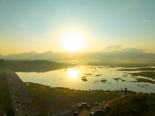 Aerial view sunrise or sunset sky over lake in Krabi Thailand