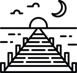 Black line art illustration of a pier at sunset or sunrise