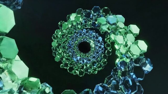 Abstract swirling vortex of shimmering emerald and sapphire crystals a mesmerizing 3D render showcasing luxury technology and futuristic design elements against a dark background