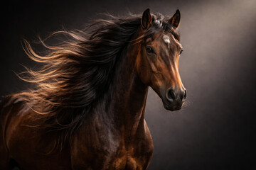 Naklejka premium Dark bay horse portrait with flowing mane against dramatic studio background.