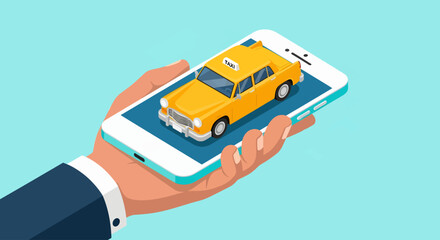 An isometric vector illustration shows a hand holding a smartphone with a yellow taxi cab sitting on the screen, symbolizing the convenience of mobile ride-booking apps © Skyframe