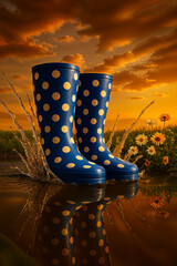 Botas azules con lunares blancos chapoteando en un charco al atardecer