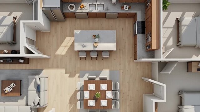 Modern Apartment Floor Plan Overhead View Open Concept Home Design 3D Render.