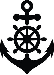 Black anchor and ship wheel icon on nautical symbol