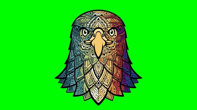 Coloring book antistress for children and adults. Animation isolated on green. Eagle head zentangle stylized, freehand pencil, hand drawn, pattern. Zen art. Eagle. 2d flat animation. Alpha channel