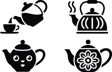 Collection of four black tea kettle and teapot icons