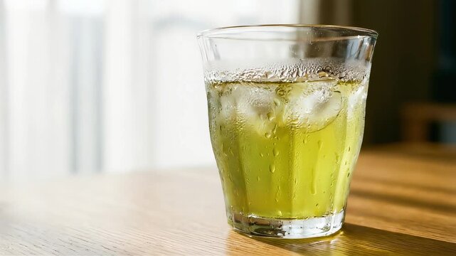 夏のリビングで味わう冷たい緑茶。グラスに滴る結露と清涼感のイメージ