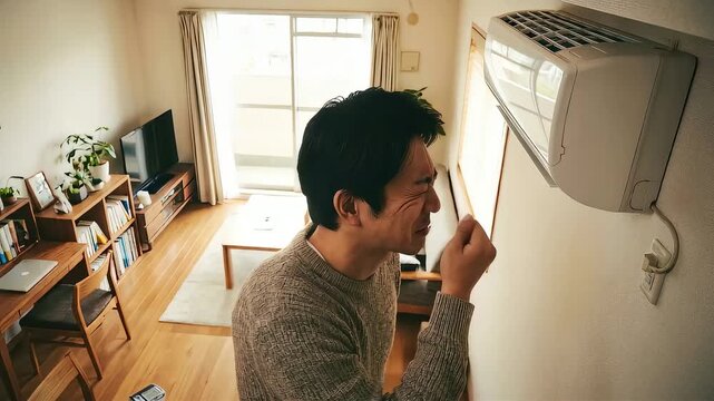 エアコンの嫌な臭いに顔をしかめる男性。カビや汚れのメンテナンスが必要なシーン