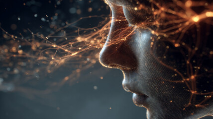 Close-up of a human head with glowing neural connections extending outward, gently moving objects in the surrounding environment, abstract but realistic visualization of mental influence