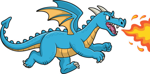 Naklejka premium Cute cartoon dragon breathing fire running isolated on white background fantasy monster character illustration for kids games and fun design