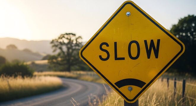 A winding road sign indicating slow traffic in a serene countryside landscape viewed from a distance