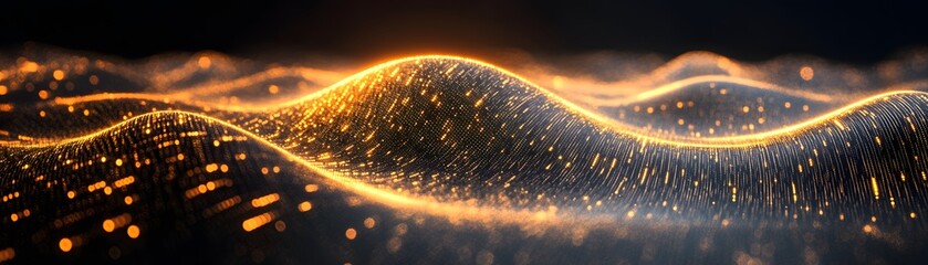 Glowing golden energy waves undulate across a dark abstract background surface.