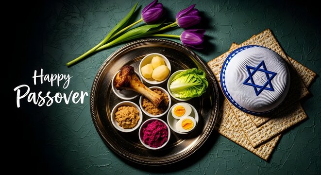 Passover Seder plate with traditional foods and Star of David kippah eggs