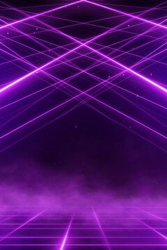 Background of empty room with spotlights and lights, abstract purple background with neon glow