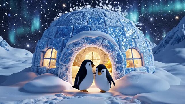 Two Penguins Standing Outside a Glowing Dome Igloo Under Aurora Night Sky