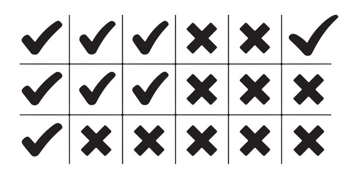 Collection of black check mark and cross icons in a grid representing correct wrong options