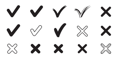 Assorted black tick and cross icons collection for business presentation vector symbols on white background