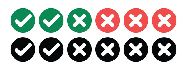 Fototapeta premium Circular check marks and cross icons set in green red and black colors vector illustration for web interface