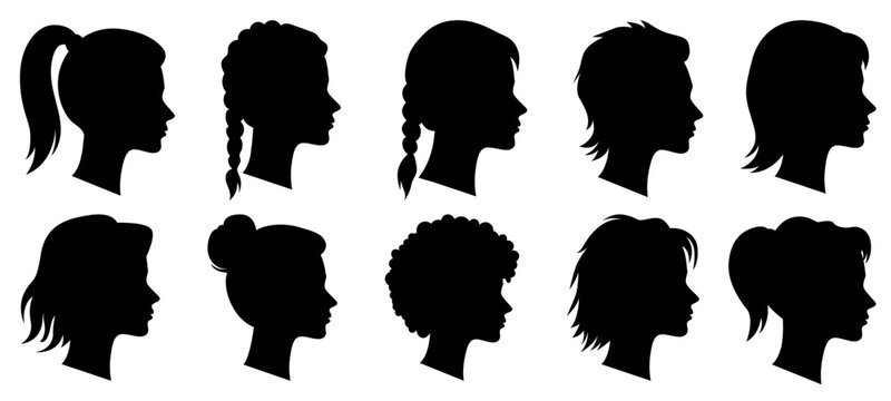 Set of female side profile silhouettes with braids and ponytail hair for logos