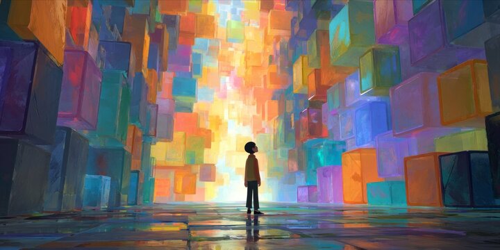 Child Silhouette Standing in Colorful Abstract Cubic Environment with Bright Light