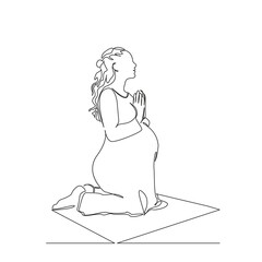 One continuous single drawing line art flat doodle woman, muslim, pray, pregnancy, female, islamic, islam, portrait, pregnant, religion. Isolated image hand draw contour on a white background; hand dr
