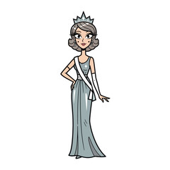 Fototapeta premium Cartoon Beauty Queen in Silver Gown and Crown, Vector Illustration
