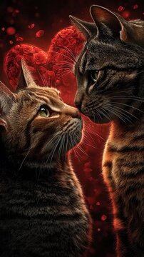 Cat in love for Valentine Day, two cats gently touching noses and kissing, a glowing red heart softly exploding into petals and light behind them, with a big red love heart in the background