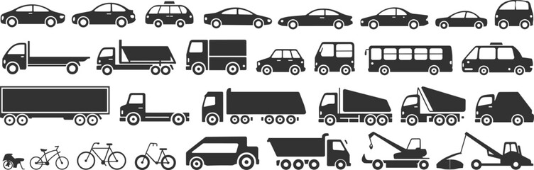 Collection of Black Silhouettes of Various Vehicles and Bicycles on White Background cars trucks © It's Sahed