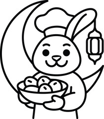 Cartoon rabbit wearing chef hat holding bowl of food and lantern smiling