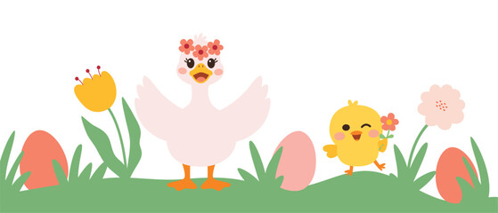 Naklejka premium Cute Easter Duck with Flower Crown and Baby Chick Illustration Spring Easter Scene with Adorable White Duck and Yellow Chick Happy Easter Card Featuring Duck Chick Eggs and Spring Flowers
