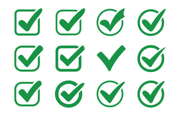 Set of green check mark icons inside square and circle shapes for confirmation and approval designs