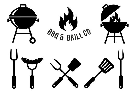 BBQ and grill icon set with barbecue kettle, fire flame, cooking utensils and food symbols vector illustration on transparent background