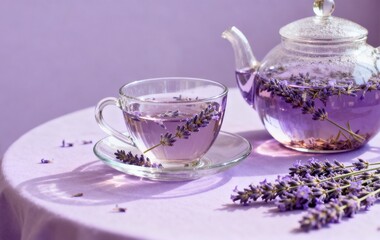 Glass teacup and teapot filled with lavender herbal tea