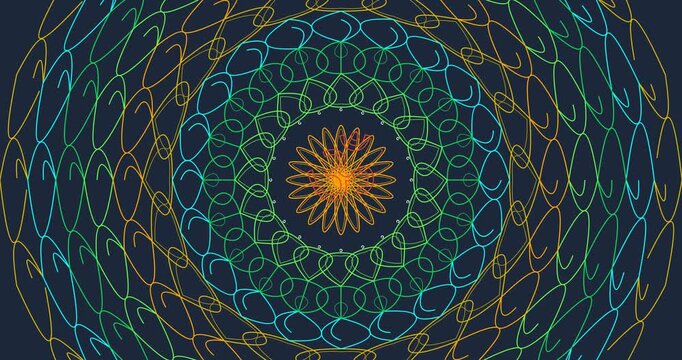 Animated Mandala Drawing: Self-Drawing Stroke Lines & Color Fill Reveal. Abstract Ornamental Flower Decoration Video Background. Luxury Motion Graphics Art for Zen, Yoga, Meditation & Design Projects