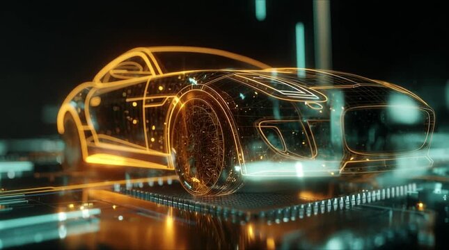 Futuristic automotive chip simulation with glowing sports car wireframe on digital motherboard (AI Generated)