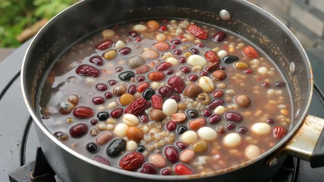 The process of making Laba porridge with grains and grains cooked in a pot