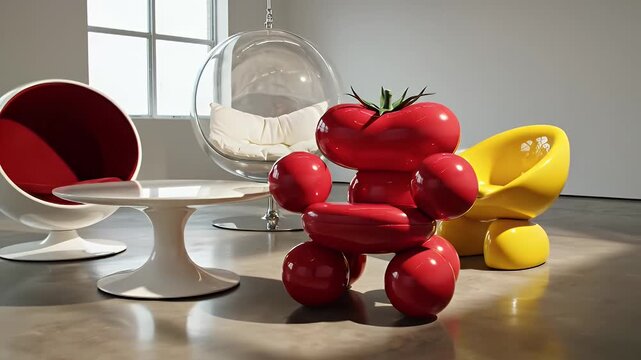 Ultra-modern living space featuring spherical white lounge chairs with red interior accents and a suspended bubble chair