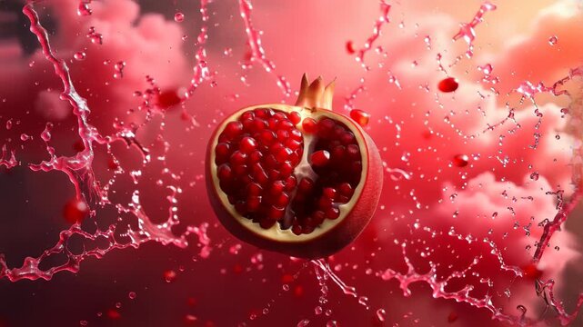 Pomegranate exploding with ruby seeds bursting outward, sparkling juice spray frozen mid-air, glossy gem-like arils catching light, soft pink smoke clouds